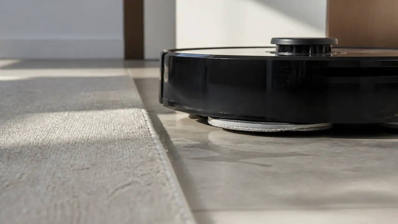 Robot laveur et tapis Robot laveur approchant le bord d’un tapis sur un sol carrelé