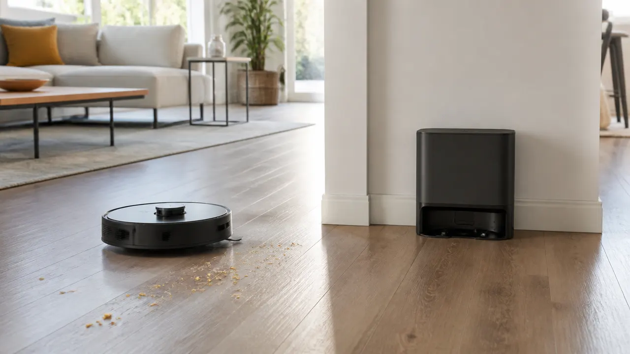 robot-laveur-fonctions-utiles Robot aspirateur laveur et base compacte dans un logement montrant des fonctions utiles au quotidien