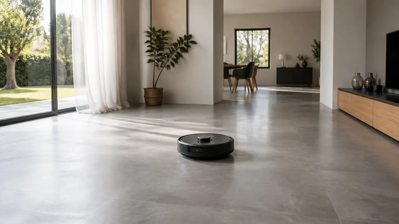 Robot aspirateur laveur au centre d'un grand salon lumineux
