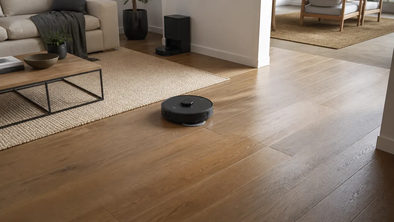 Robot aspirateur laveur passant sur un parquet sans laisser de flaque ni de traînée humide excessive