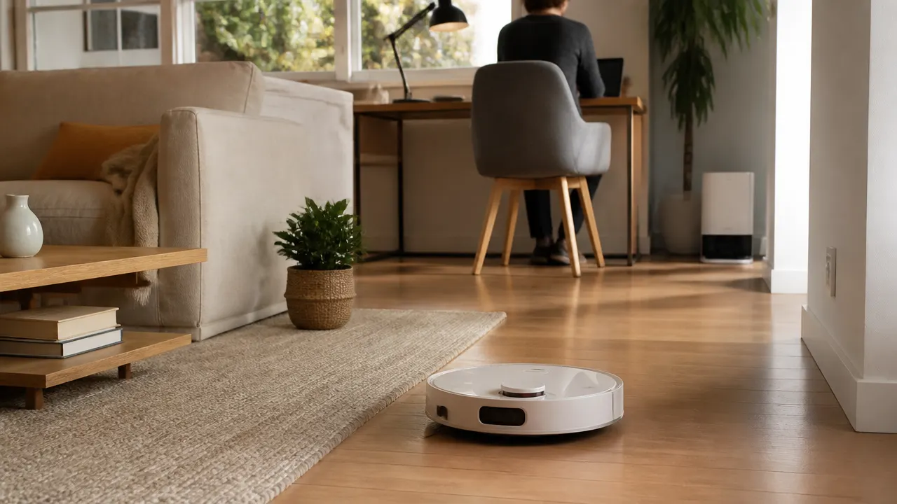 robot-laveur-silencieux-teletravail Robot aspirateur laveur nettoyant discrètement pendant une situation de télétravail avec station séparée