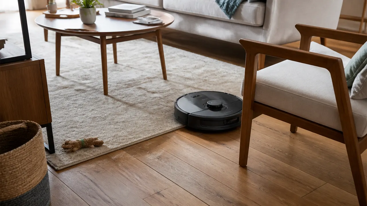 robot-poils-animaux-salon Robot aspirateur laveur passant près d’un tapis avec des poils et un jouet pour animal