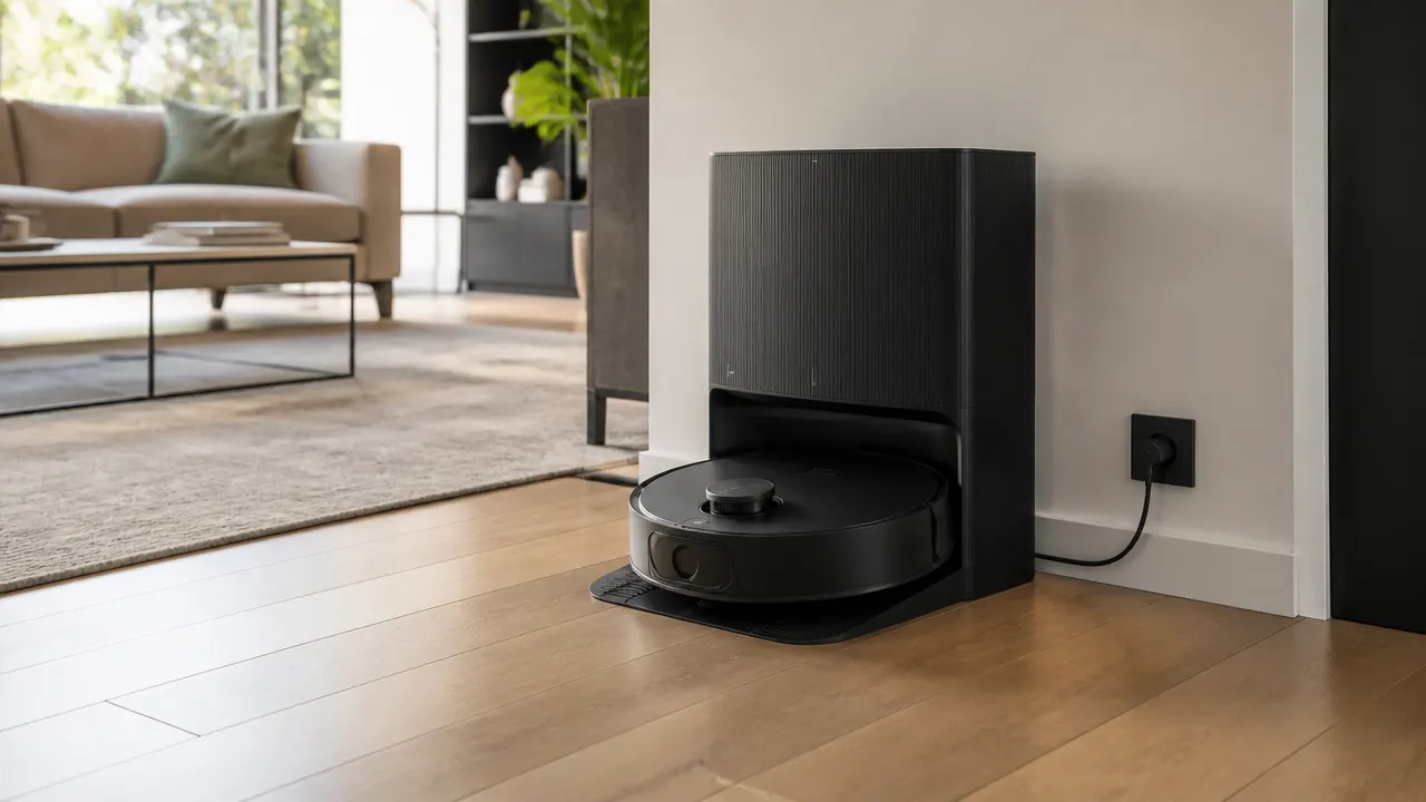 robot-premium-station-avancee Robot aspirateur laveur avec station avancée dans un intérieur résidentiel