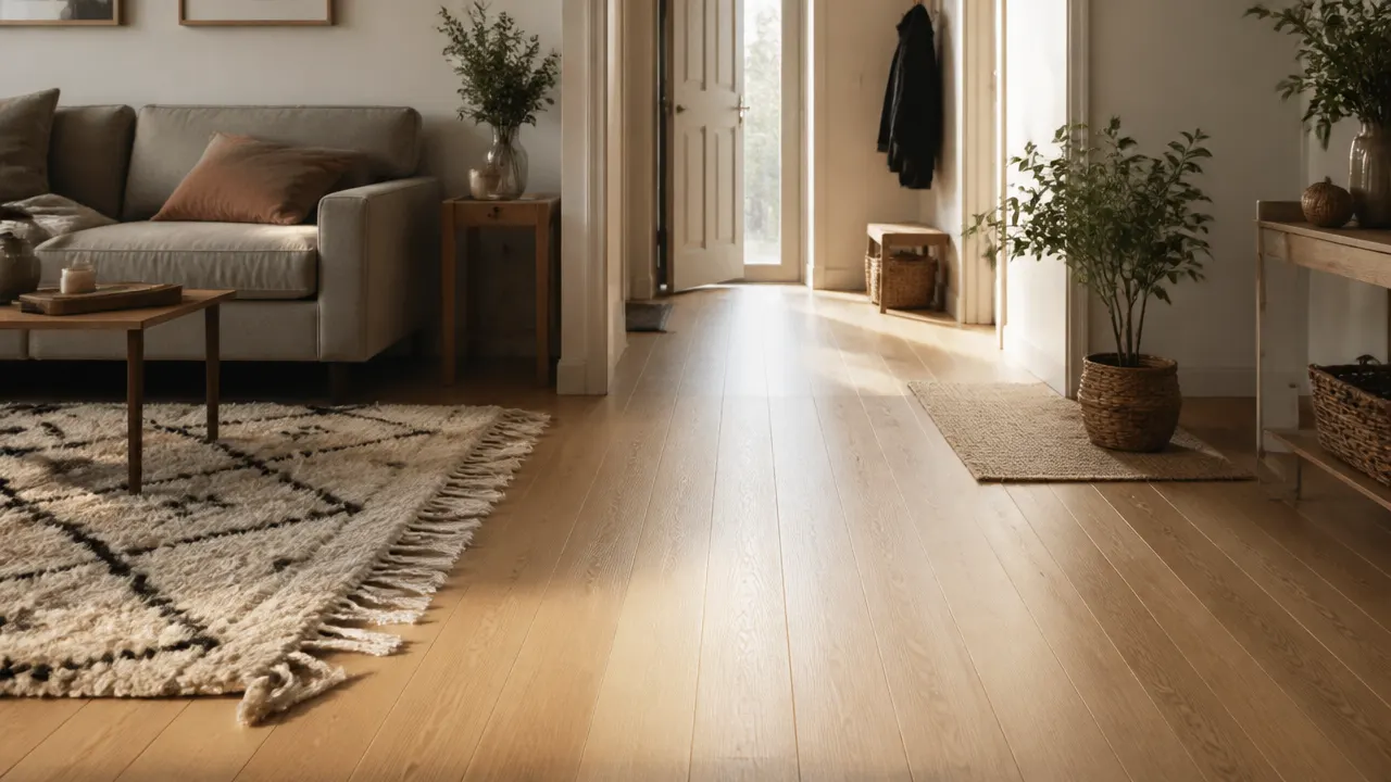 Salon avec parquet, tapis épais à franges et petit tapis léger