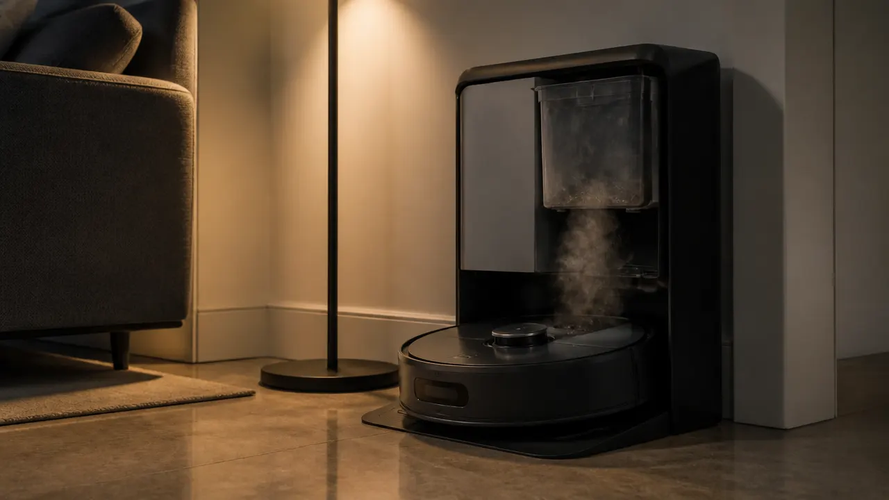 station-vidage-automatique-bruit-nuit Station de vidage automatique d'un robot aspirateur pendant la nuit