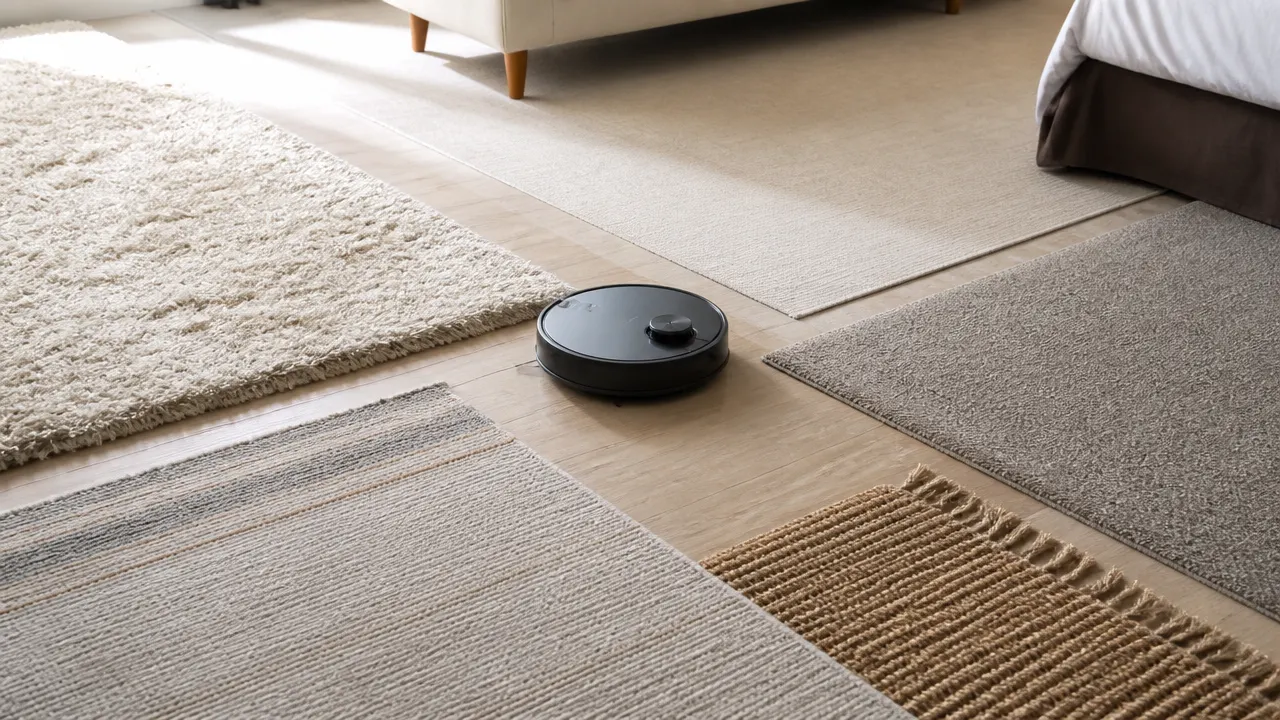 Différents types de tapis et moquette autour d’un robot aspirateur laveur
