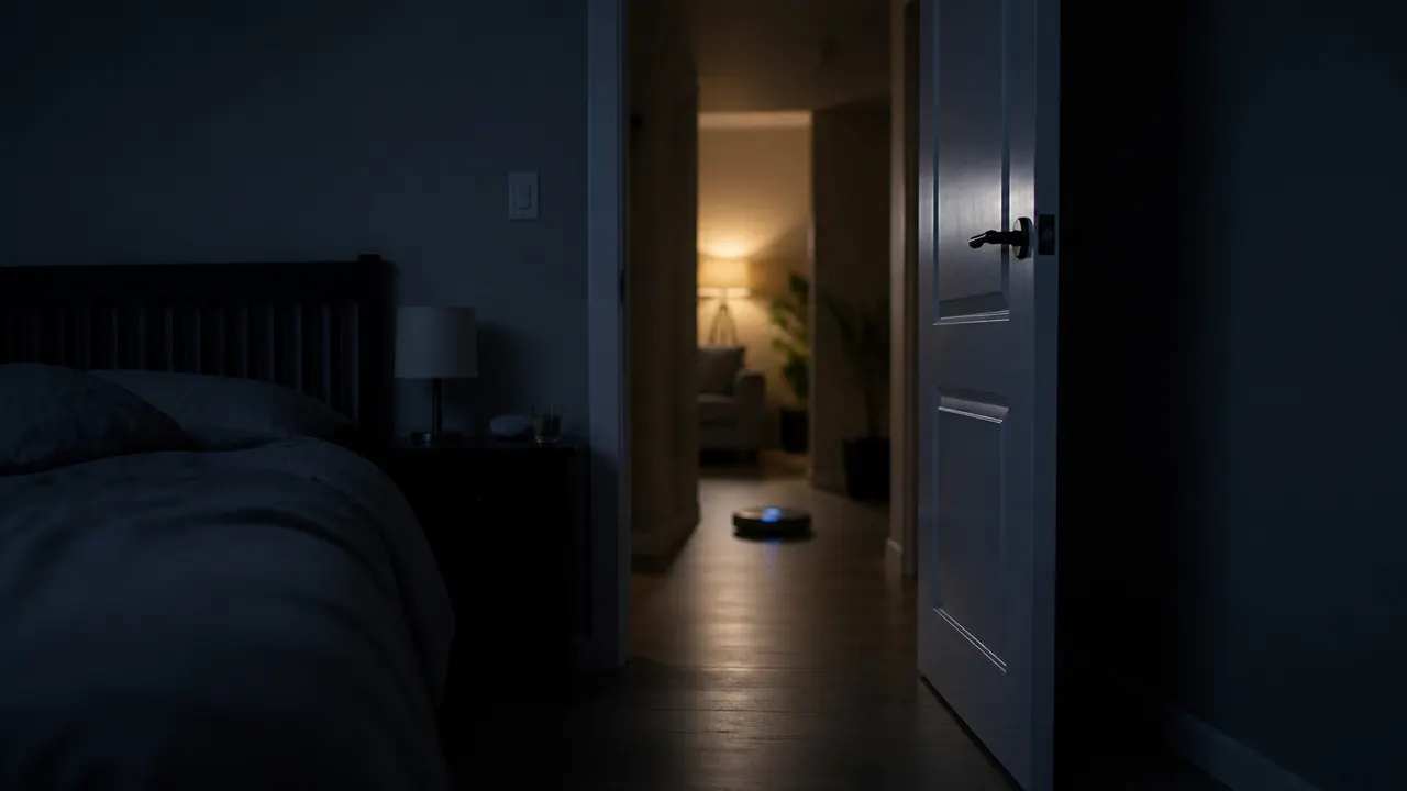 usage-nocturne-robot-aspirateur-chambre Chambre à coucher la nuit avec robot aspirateur laveur en fonctionnement au loin